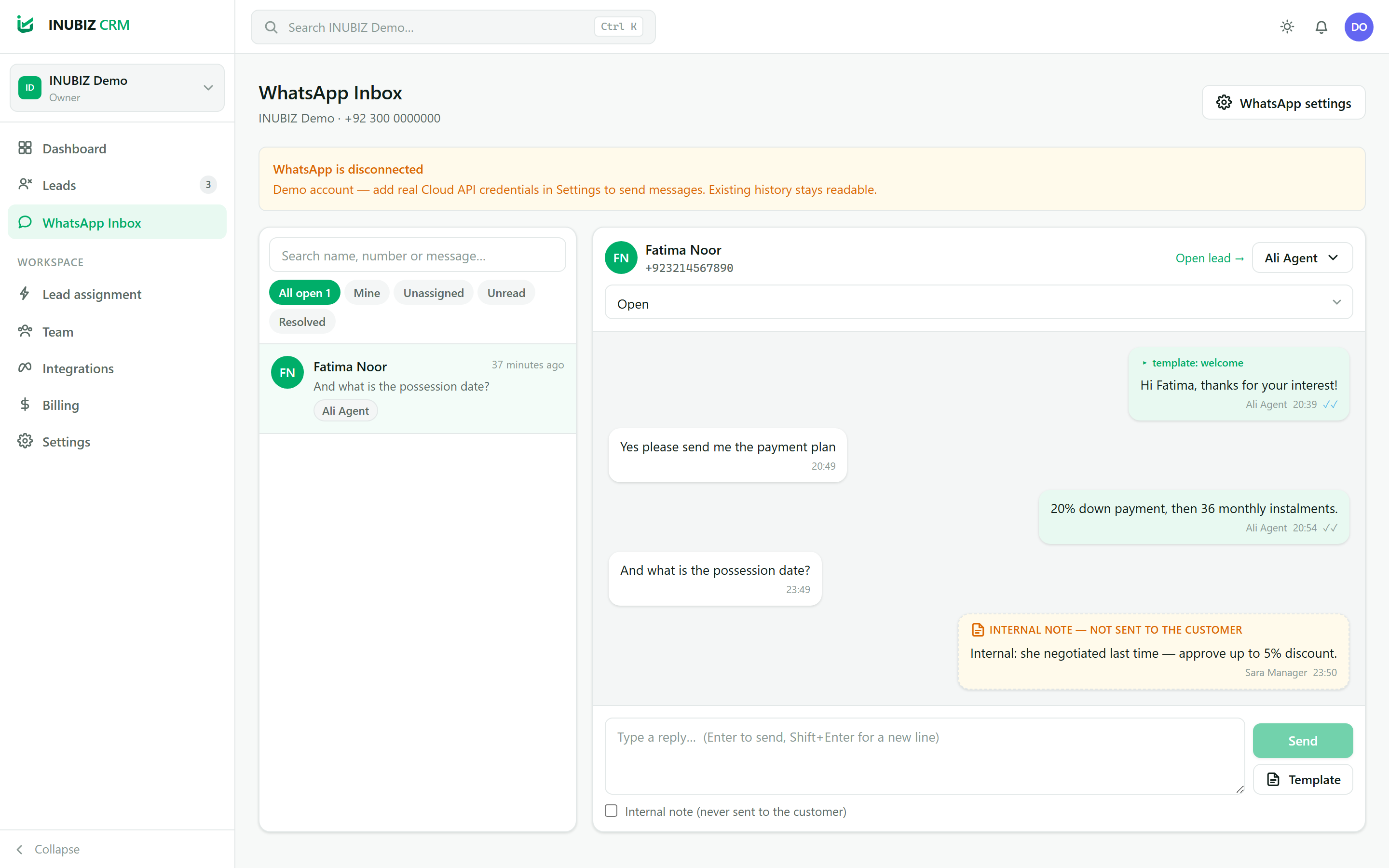 INUBIZ CRM — WhatsApp Inbox
