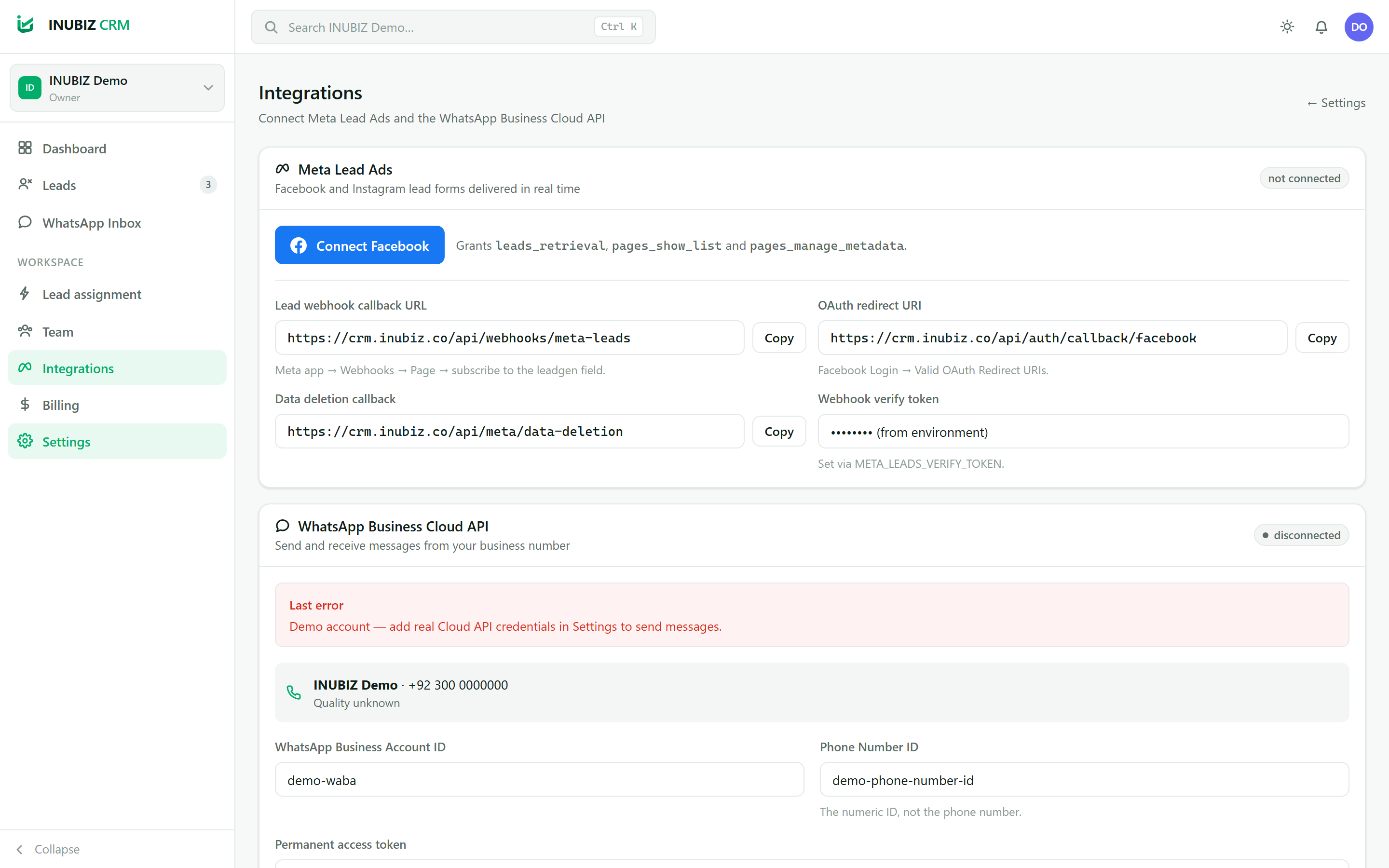 INUBIZ CRM — Integrations