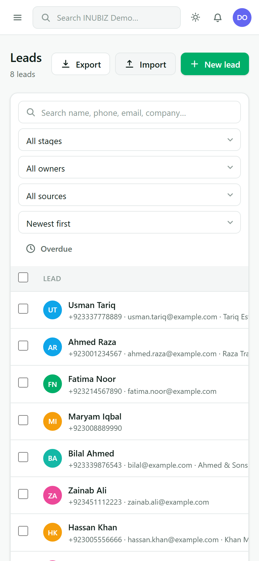 INUBIZ CRM — Leads on mobile